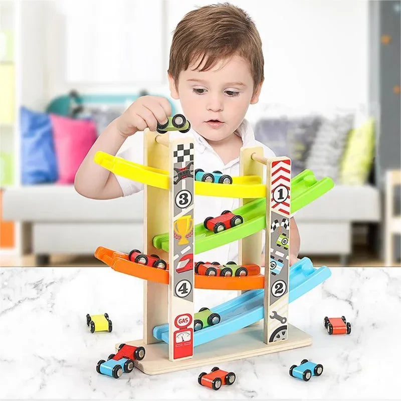 Jeu de course de voiture en bois pour tout-petits avec rampe à 4/7 pistes