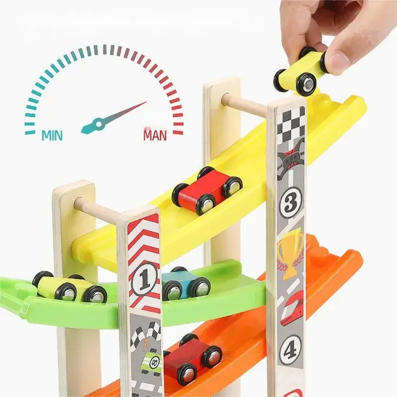 Jeu de course de voiture en bois pour tout-petits avec rampe à 4/7 pistes