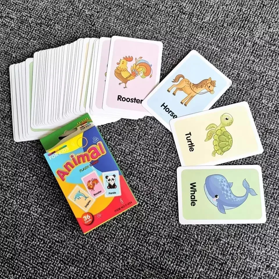 36 Cartes Cognitives pour Bébé, Cartes de Vocabulaire en Anglais, Cartes de Stimulation Visuelle, Animaux, Fruits, Lettres, Jeux Cartes d'images Enfants Jouets d'apprentissage éducatifs