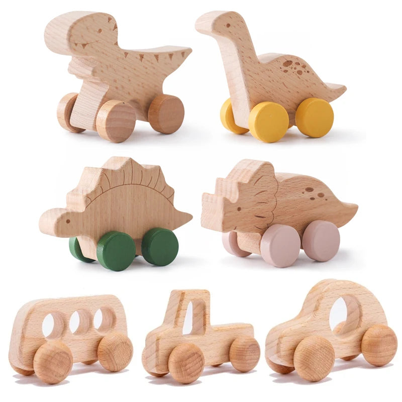 Jouets de voiture en bois pour bébé en hêtre en bois de hêtre, dessin animé de dinosaure, anneau de dentition, jouets éducatifs Montessori pour enfants, jouets de dentition pour bébé