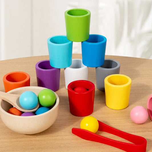 Jeu de tri de couleurs en bois Montessori avec boules dans des tasses