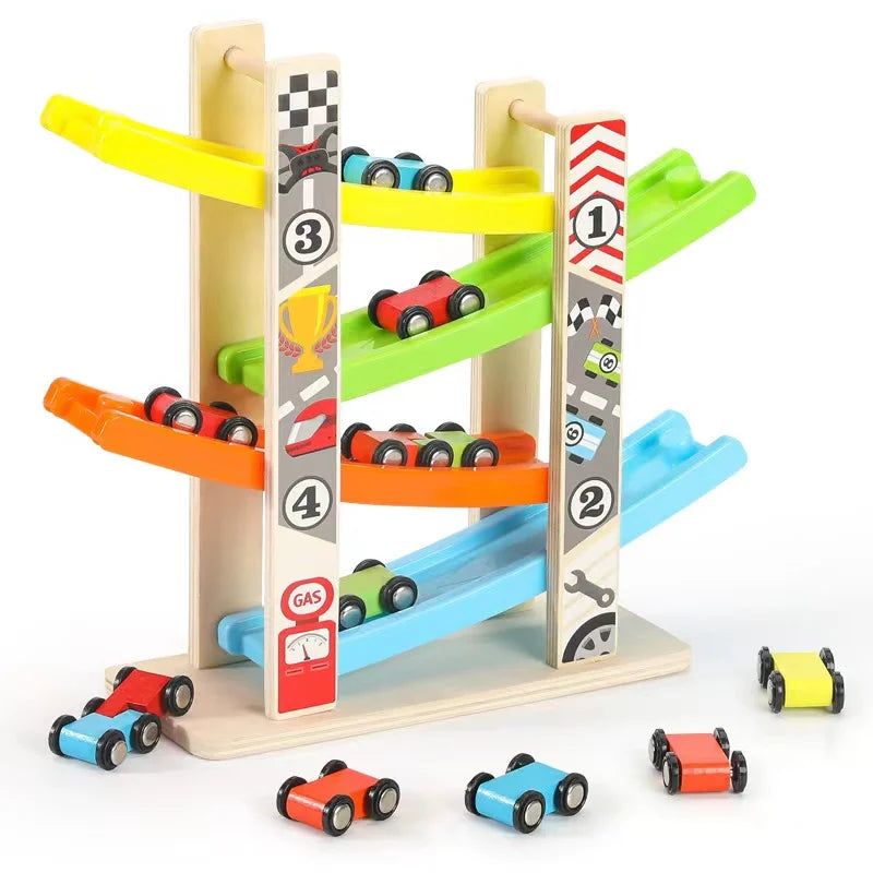 Jeu de course de voiture en bois pour tout-petits avec rampe à 4/7 pistes