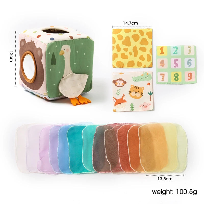 Jouet Montessori pour bébé, boîte à mouchoirs magique en coton, exercice des doigts, jeu de société, jouet éducatif, hochet doux, livre en tissu, cadeau