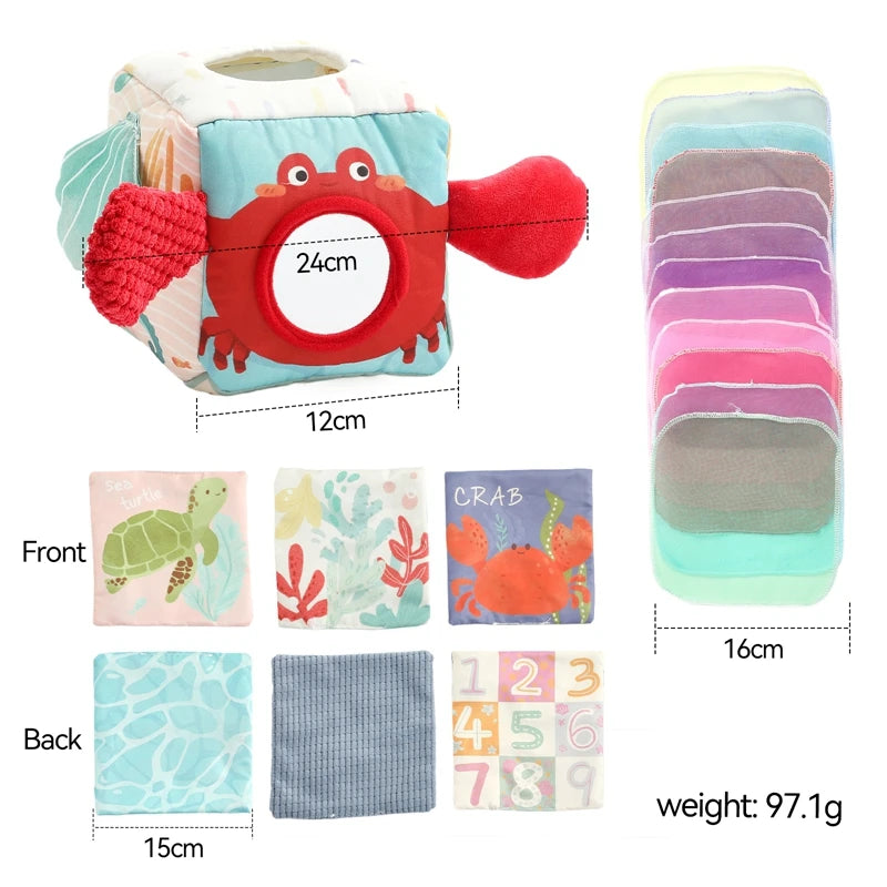 Jouet Montessori pour bébé, boîte à mouchoirs magique en coton, exercice des doigts, jeu de société, jouet éducatif, hochet doux, livre en tissu, cadeau