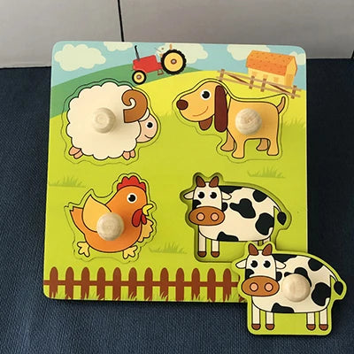 Puzzle Montessori en bois pour bébé, dessin animé, animaux