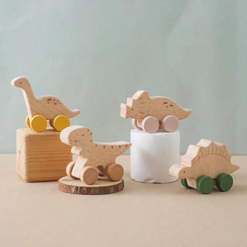 Jouets de voiture en bois pour bébé en hêtre en bois de hêtre, dessin animé de dinosaure, anneau de dentition, jouets éducatifs Montessori pour enfants, jouets de dentition pour bébé