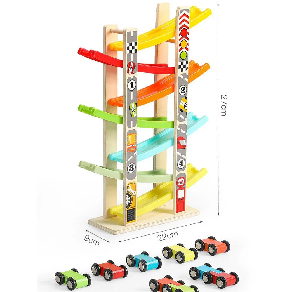 Jeu de course de voiture en bois pour tout-petits avec rampe à 4/7 pistes