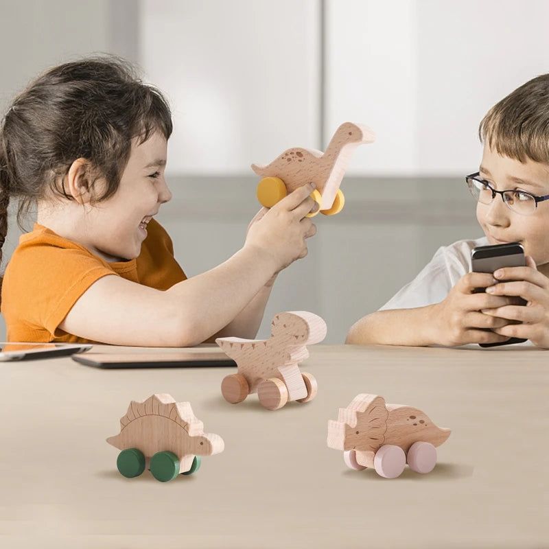 Jouets de voiture en bois pour bébé en hêtre en bois de hêtre, dessin animé de dinosaure, anneau de dentition, jouets éducatifs Montessori pour enfants, jouets de dentition pour bébé