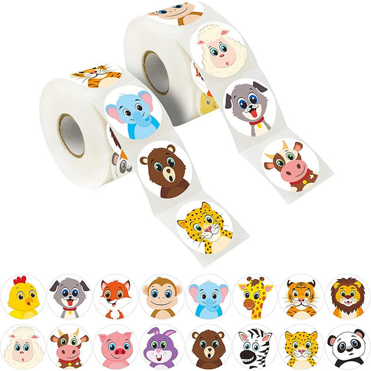 2 Rouleaux stickers animaux ronds, de 50 à 500 autocollants 2.5cm Autocollants de récompense et motivation,Autocollants d'étiquettes self-adhesive pour enfant décoration cadeau enveloppe récompense d'Enseignant